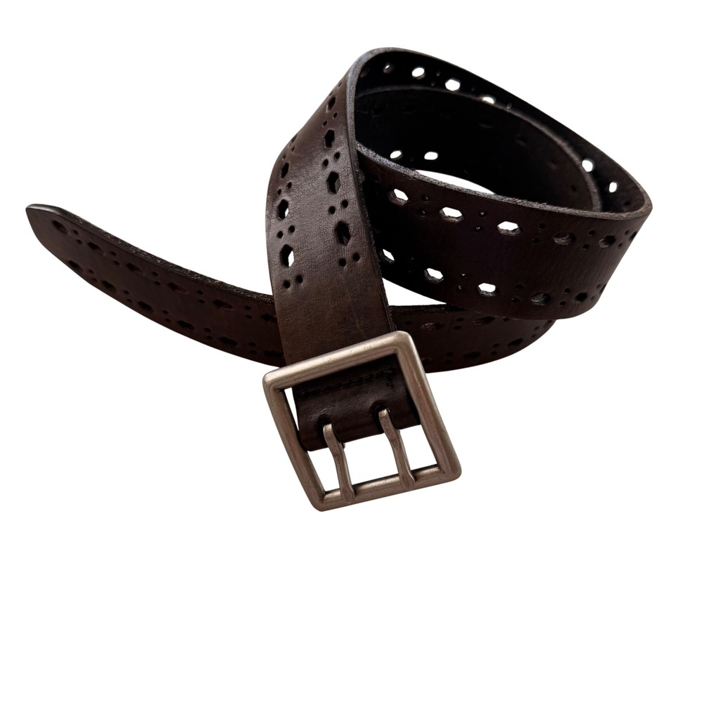 Women's  Leather Belt M Brown Double Prong Perforated Cutout Silver Buckle